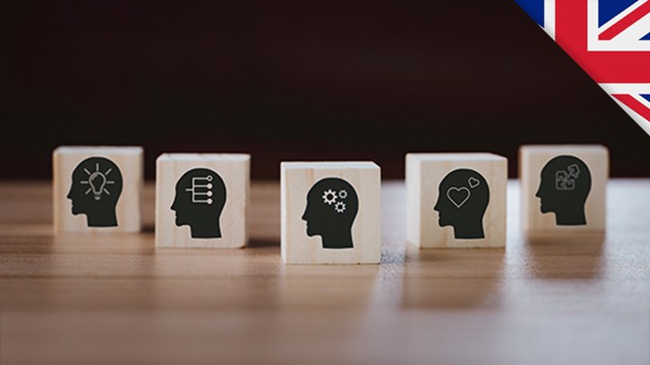 Five bricks stand in a row. There is a head in profile painted in black on each block. The heads have different symbols. In the right corner is a British vulture flag.