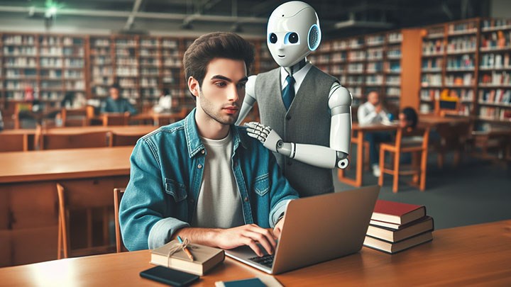 AI generated picture of a student and a robot.