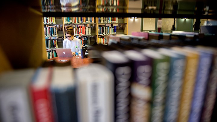 Photo of a person sitting with a computer surrounded by book shelves.