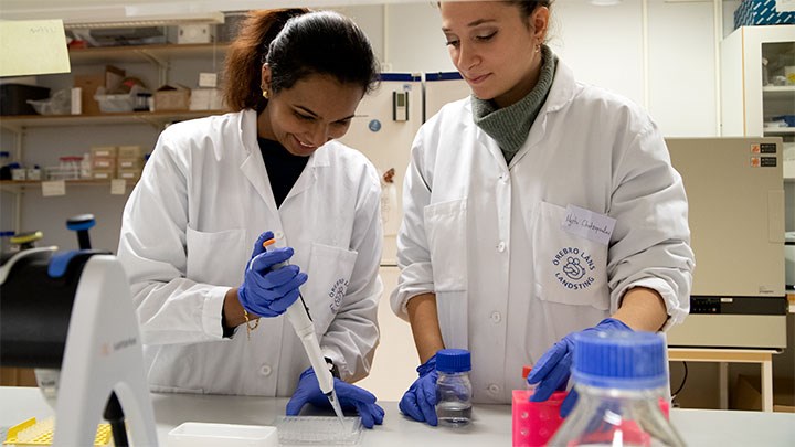 Jishamol Veettil and Myrto Chatzopoulou in the laboratory at Campus USÖ.