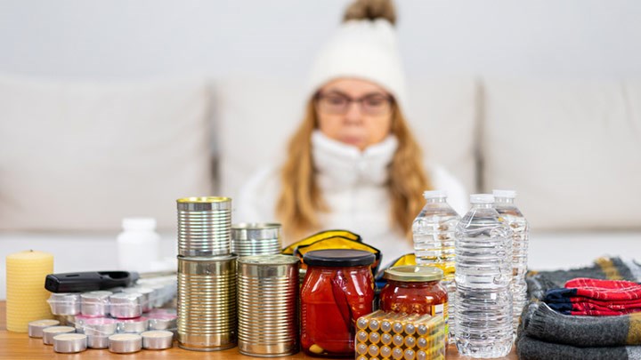 En kvinna som sitter bakom ett bord med konserver, batterier, vattenflaskor och värmeljus. 