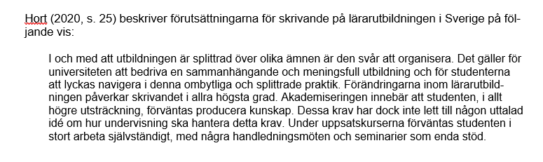 Exempel på hur ett långt, självständigt blockcitat kan utformas.