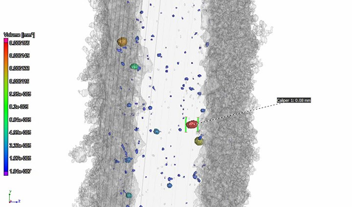 An x-ray of a piece of metal in extreme magnification showing small dots of red, yellow and blue inside.