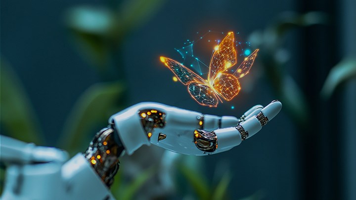 En AI-genererad bild av en fjäril som landar i en robothand.