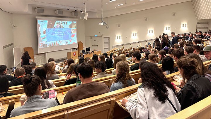 A classroom with students.