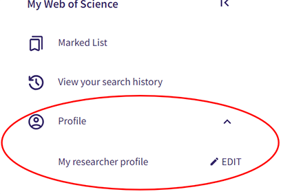 4. Under My Web of Science i menyn till vänster kan du ändra din profil, bland annat lägga till en ORCID (klicka på EDIT) eller lägga till en organisation.