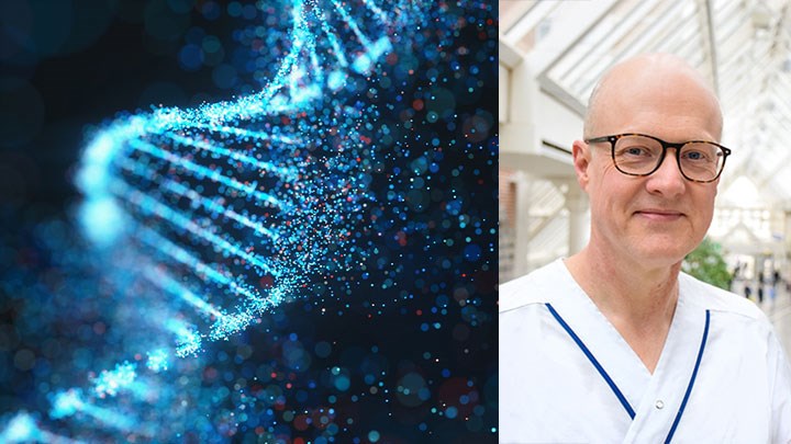 Ett collage med en DNA-sträng och forskaren Anders Joelson.