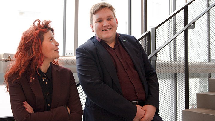 Anna-Karin Andershed and Viktor Breström standing on some stairs. 