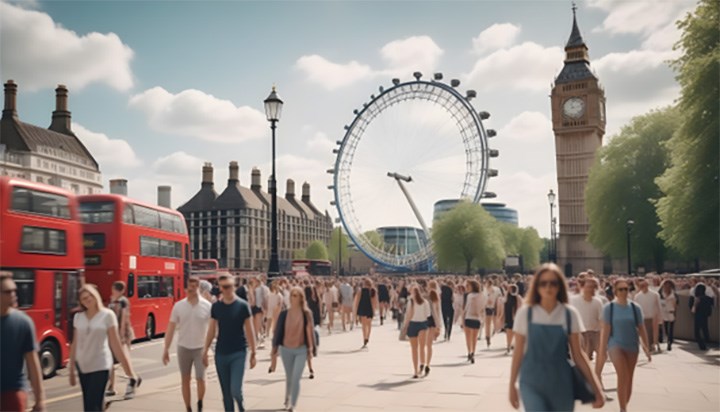 En AI-generad bild som föreställer London på sommaren