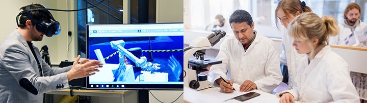 A man controlling a robot hand and some people at a microscope.