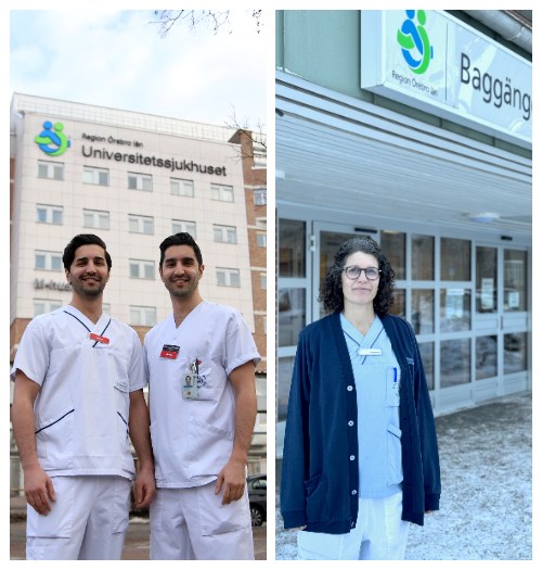 Två personer framför universitetssjukhuset i Örebro och en person framför en vårdcentral i Karlskoga.