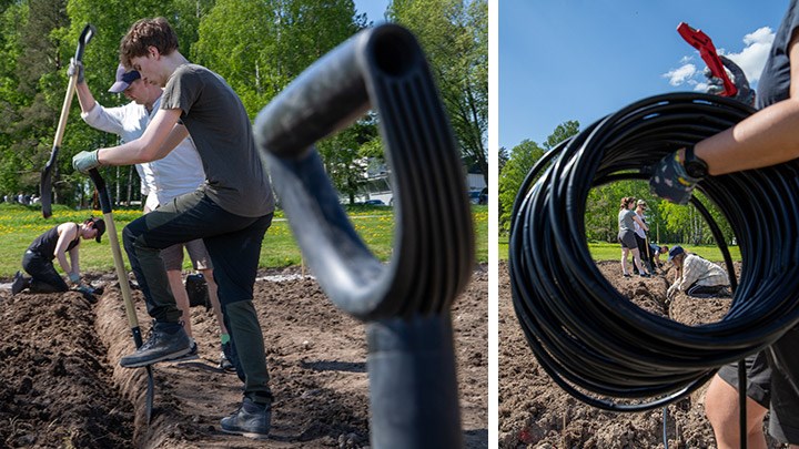 Ett montage av två bilder. På den ena gräver studenter i jorden. På den andra ser vi studenter som arbetar - i förgrunden håller en student en svart lång hoprullad slang som ska anävndas i bevattningssystemet.