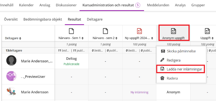 Skärmbild ladda ner anonyma inlämningar