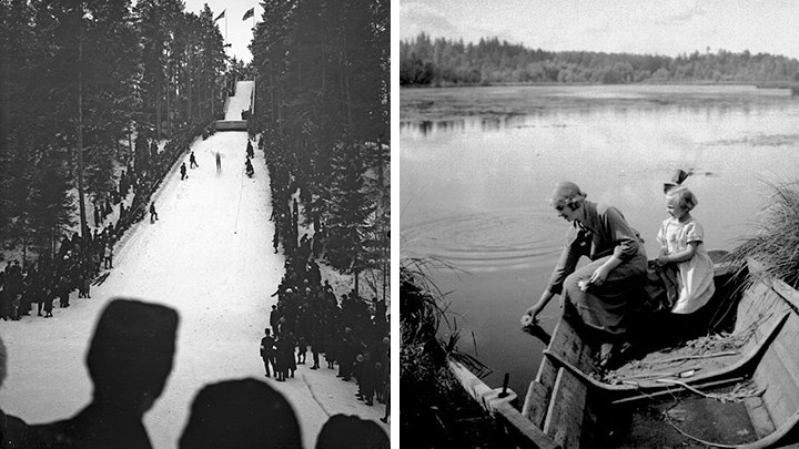 Two black-and-white photos. On the left, a crowd gathered around the ski jump on a winter day. On the right, a young woman and a little girl sitting in a wooden rowboat and picking water lilies. Behind them, a lake stretches out to the horizon.