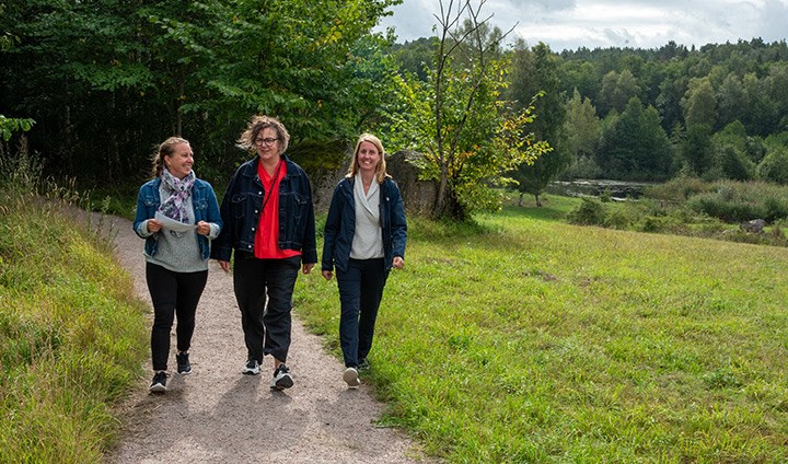 Three people walking on a gravel path in a scenic area.