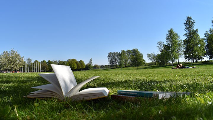 Foto på en uppslagen bok som ligger på en gräsmatta.
