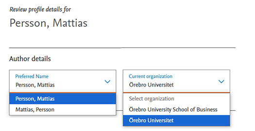 Review author details name and organization. Ett exempel visas för personen Mattias Persson.