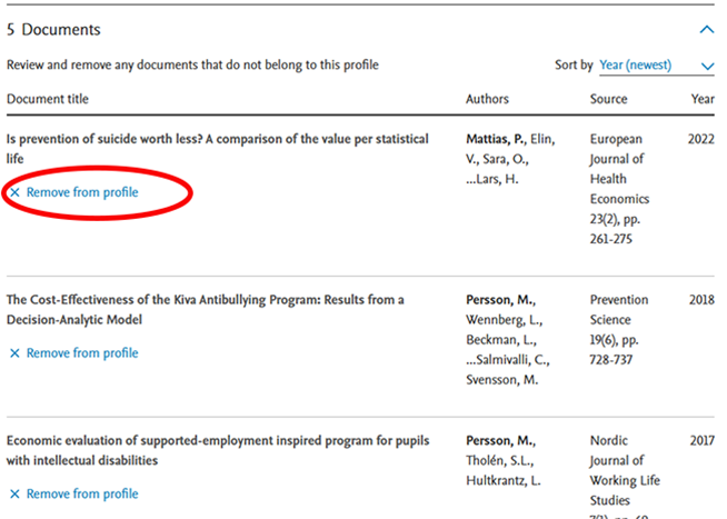 Review and remove documents. "Remove from profile" är markerat.