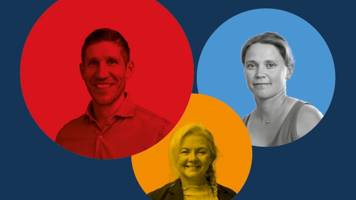 Logotype for Social Impact Lab at Örebro University. Three round balls (red, blue and orange) with a grey background, with a picture of Social Impact Lab participants in each ball.