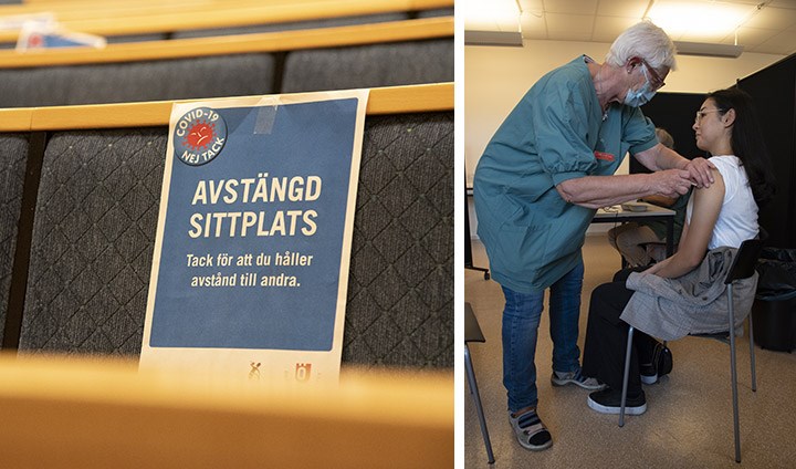 Ett montage av två bilder. En bild på en skylt med texten "Avstängd sittplats", en bild på en student som får en spruta av en sjuksköterska i munskydd.