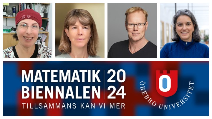 Ett bildcollage med fyra porträtt och texten Matematikbiennalen 2024.