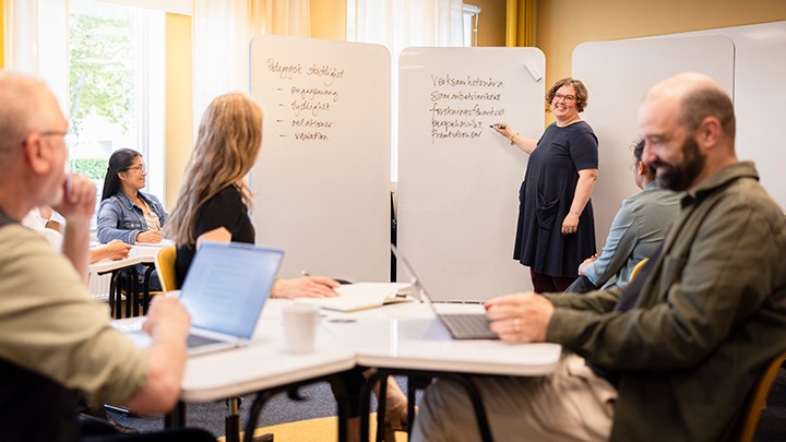 A group of men and women are listening to a woman standing by a whiteboard.