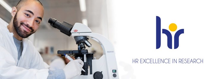 A man with a microscope and the logotype for HR Excellence in research.