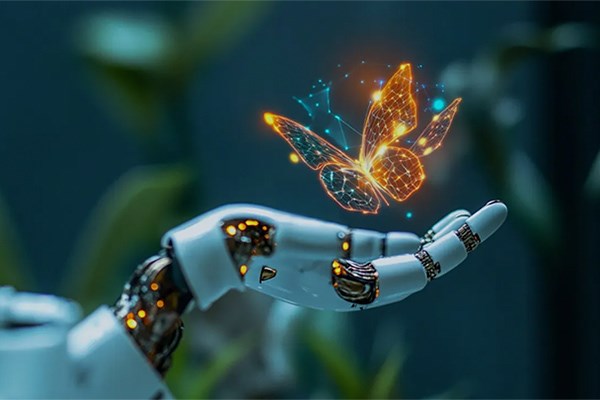 An AI image of butterfly landing in a robotic hand.