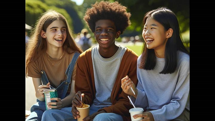 AI-generated image of three teenagers of mixed ethnicity sitting together, all looking very happy.